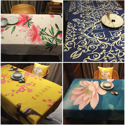 新中式古典风棉麻餐厅桌布荷花蓝印花台布饭店加厚咖啡厅茶几布