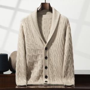 秋冬新款三股加厚羊绒开衫男士V领扭花商务休闲毛衣针织衫外套