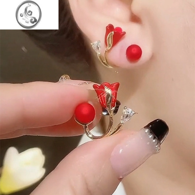 JiMi2023新款潮红色耳环女郁金香S925银针耳钉日韩轻奢花朵后挂式耳坠