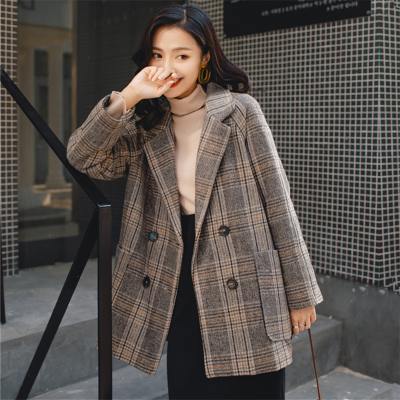 FISHBASKET小个子复古格子西装外套女加厚百搭中长款毛呢大衣2020年新款毛呢外套