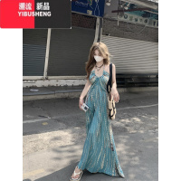 YIBUSHENG复古波西米亚风露背挂脖连衣裙女季收腰显瘦中长裙休闲小众裙子
