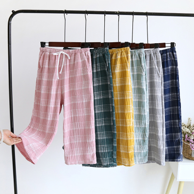 SUNTEK日系格子睡裤女夏七分裤棉纱布薄款宽松大码过膝水洗绉布家居裤睡裤/家居裤