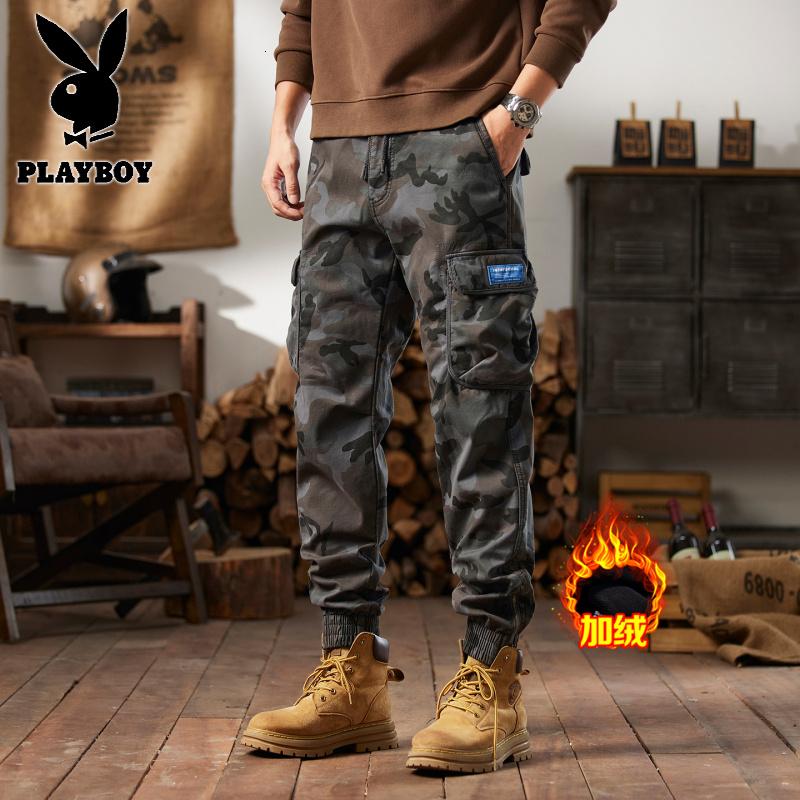 花花公子新款2025冬新款男士潮流日系多口袋休闲垂感显高迷彩加绒工装裤