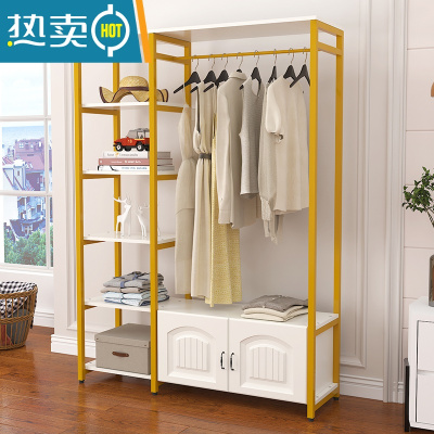 敬平卧室衣帽架简易挂衣架落地收纳创意衣柜欧式家用客厅置物架晾衣架 A款象牙白+金架(欧式门)90长