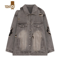 YANXUMz 美式复古牛仔外套男秋季潮牌宽松小众设计感高街破洞做旧夹克