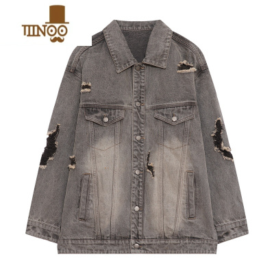 YANXUMz 美式复古牛仔外套男秋季潮牌宽松小众设计感高街破洞做旧夹克
