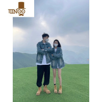YANXU情侣装蓝色牛仔外套男款潮牌复古翻领宽松休闲工装夹克上衣