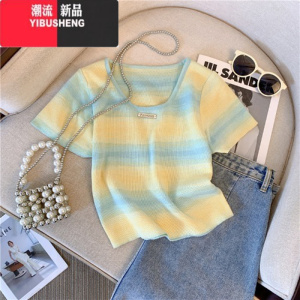 YIBUSHENG多巴胺穿搭条纹t恤女季设计感小众针织短袖甜辣风短款上衣薄款