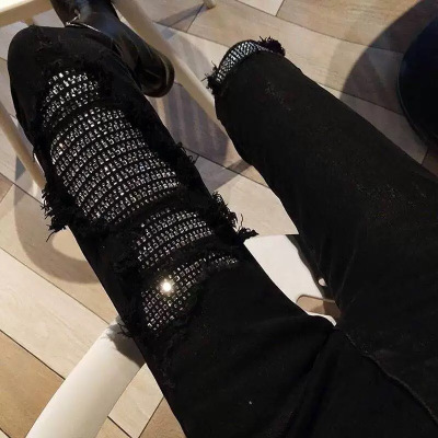 广赫欧洲站时尚弹力带钻高腰假大破洞牛仔裤女显瘦加长小脚靴裤长裤潮牛仔裤