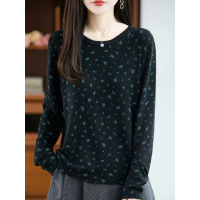 秋冬新款精纺羊毛别致碎花长袖针织衫女内搭打底衫宽松上衣服潮