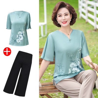 母亲节妈妈夏装洋气T恤套装中老年女装40岁50阔太太小衫两件套装~