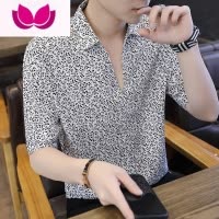 七斓夏季新款短袖t恤男士日系韩版潮流polo花衬衫V领半袖冰丝衣服夏天