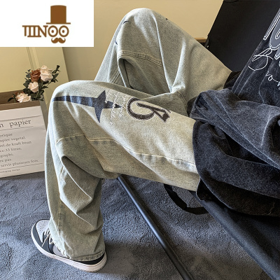 YANXU直筒刺绣牛仔裤男潮牌休闲日系复古痞帅水洗美式青少年长裤子