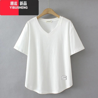YIBUSHENGV领短袖T恤女季大码女士宽松遮肚显瘦百搭休闲减龄纯色上衣