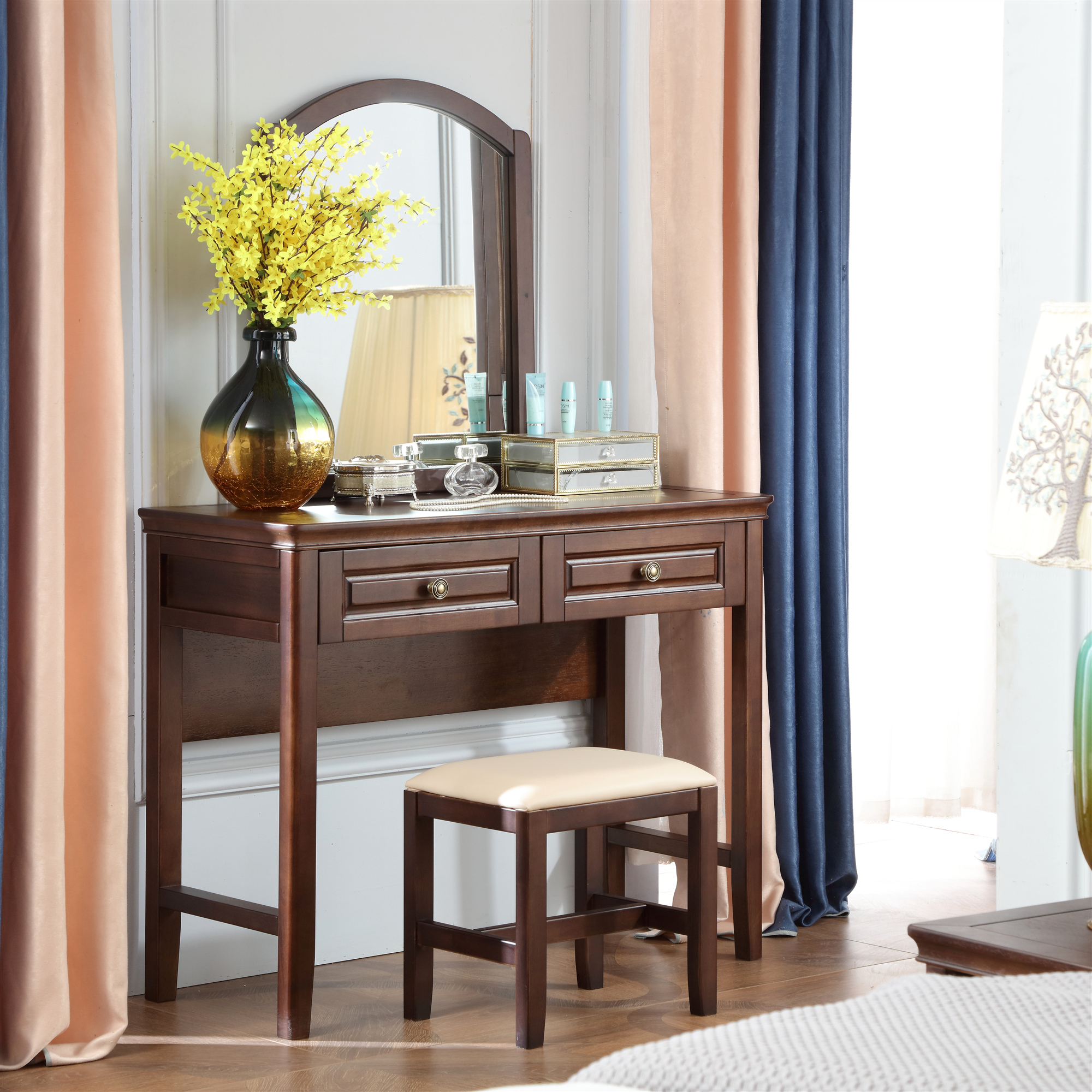 青木川 美式乡村实木梳妆台卧室家用网红公主复古做旧迷你小户型1米