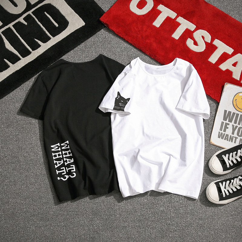 2018夏季新款白色短袖T恤男士加肥大码猫印花修身体恤韩版潮