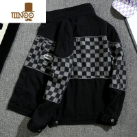 YANXU棋盘格拼接牛仔外套男日系潮牌痞帅宽松工装夹克潮流复古上衣褂子