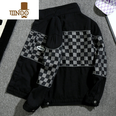 YANXU棋盘格拼接牛仔外套男日系潮牌痞帅宽松工装夹克潮流复古上衣褂子