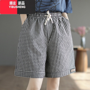 YIBUSHENG大码复古亚麻格子短裤女季2023新款松紧腰薄款休闲裤宽松阔腿裤