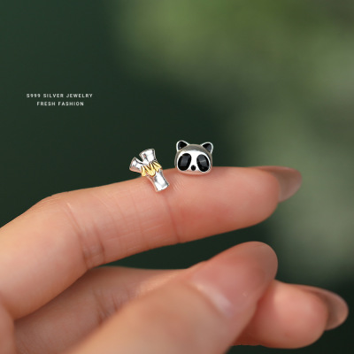 森系童趣可爱熊猫珠子耳钉女s999纯银卡通创意不对称滴胶足银耳饰送女朋友老婆情人节七夕生日礼物