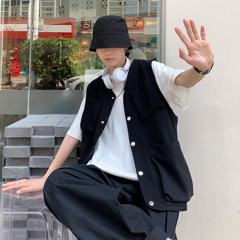 夏季男士多口袋工装马甲港风ins宽松百搭复古青少年无袖坎肩外套