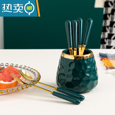 敬平水果叉子家用高端收纳罐蛋糕叉儿童果叉甜品小叉子不锈钢 [祖母绿带金边]★带3勺+3叉牙签