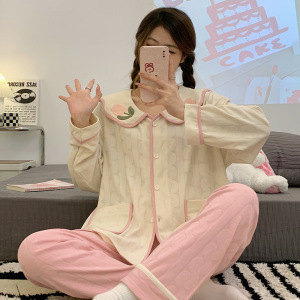 睡衣女士秋冬季长袖可外穿卡通韩版宽松开衫加大码学生家居服套装
