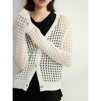 设计感 镂空V领针织开衫女外套25新款宽松长袖罩衫外穿春季上衣女