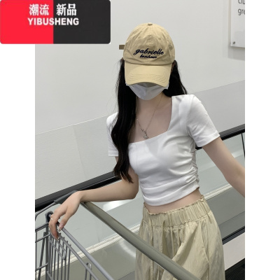 YIBUSHENG白色t恤女方领正肩短袖季2024新款收腰抽褶chic辣妹露脐短上衣