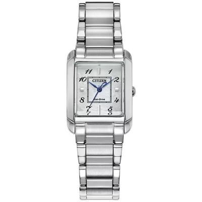 西铁城(CITIZEN)光动能女士矩形不锈钢腕表28mm银色表盘三眼石英防水