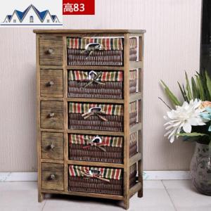 实木田园收纳柜 白色床头柜简约床边柜客厅柜藤编抽屉斗柜 储物柜 三维工匠