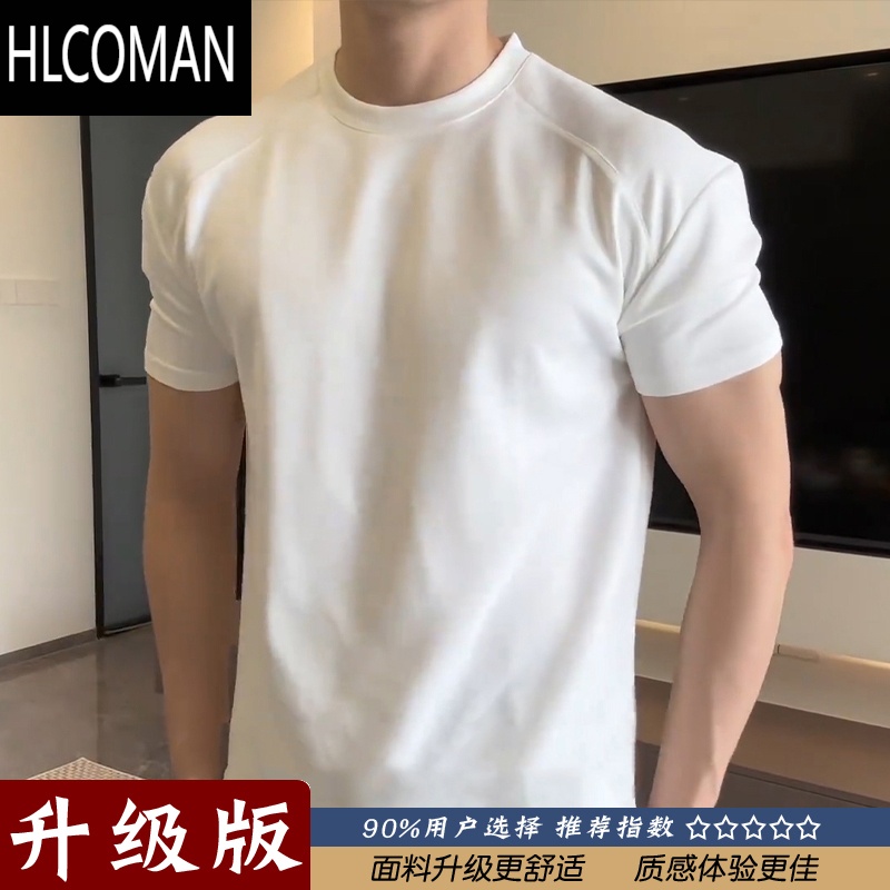 HLCOMAN显肩宽收紧袖口T恤男夏季健身运动小领口短袖垫肩圆领修身三分袖