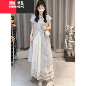 YIBUSHENG法式小个子蓝色条纹衬衫连衣裙子2024新款女装季松弛感宽松长裙