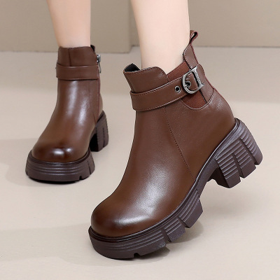 真皮复古马丁靴女款秋冬加绒厚底软底中跟透气英伦风短靴女靴