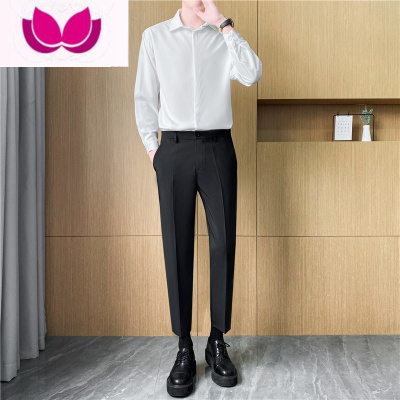 七斓黑色冰丝衬衫男长袖寸衫无扣薄款高级垂感潮流百搭白衬衣免烫