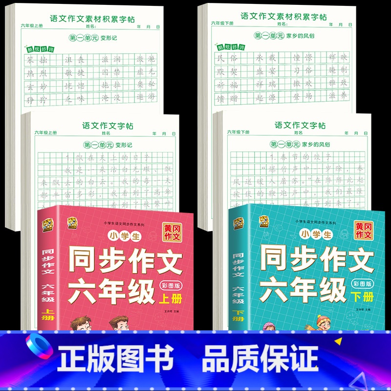 [六年级上下册]作文字帖+素材字帖+同步作文书 [正版]六年级下册同步作文练字帖人教版语文同步字帖好词好句好段练习字帖作