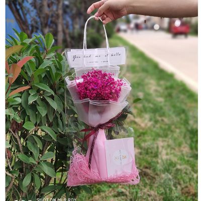 三维工匠满天星干花花束生日礼物大束批发真花女闺蜜少女送女朋友永生花卉A02玫红色满天星+透明手提袋拉菲草LED彩灯+贺卡