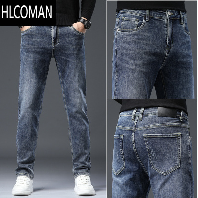 HLCOMAN高端蓝灰牛仔裤男士宽松直筒男裤弹力2024新款休闲长裤子冬季