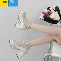 聚范法式珍珠仙女风伴娘鞋玛丽珍鞋子防水台高跟鞋女一字扣带粗跟单鞋