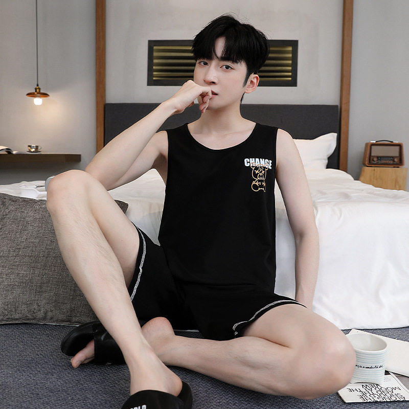 新款睡衣男士夏季短袖背心薄款短裤印花卡通休闲套装可外穿