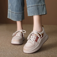 头层牛皮板鞋女2026春季新款厚底圆头时尚系带百搭增高运动休闲鞋