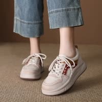 头层牛皮板鞋女2026春季新款厚底圆头时尚系带百搭增高运动休闲鞋