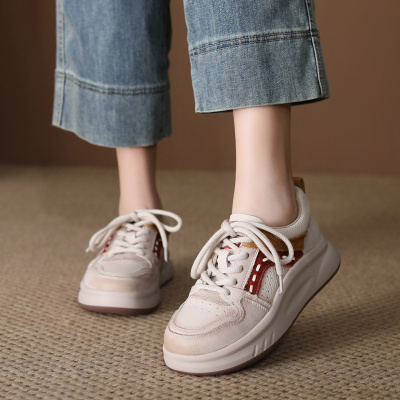 头层牛皮板鞋女2026春季新款厚底圆头时尚系带百搭增高运动休闲鞋_341