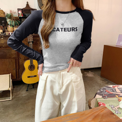 [1折价29.9元,叠加优惠券]春季打底衫女新款圆子拼接前胸字母内搭ins百搭