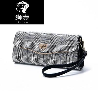 狮壹（Lionone）手抓包2019新款女包牛皮手包女真皮格子手拿包单肩斜挎链条小包格子蓝默认颜色