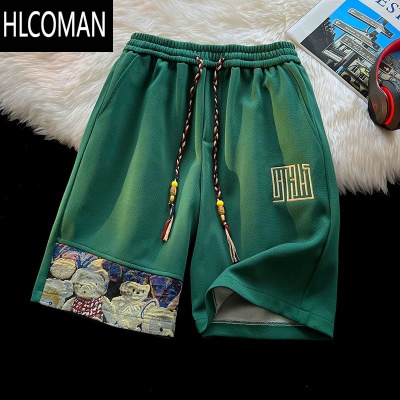 HLCOMAN冰丝华夫格短裤设计感拼接刺绣中裤男夏季潮牌五分裤男士休闲裤子