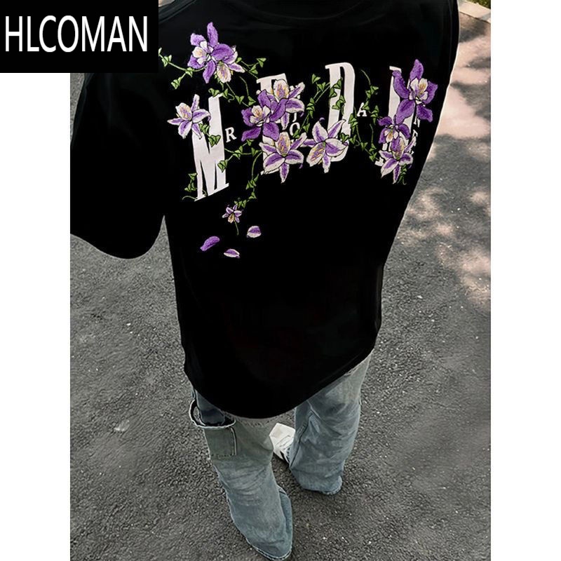 HLCOMAN美式高街黑色花卉刺绣短袖t恤男款夏季潮牌情侣款青少年上衣