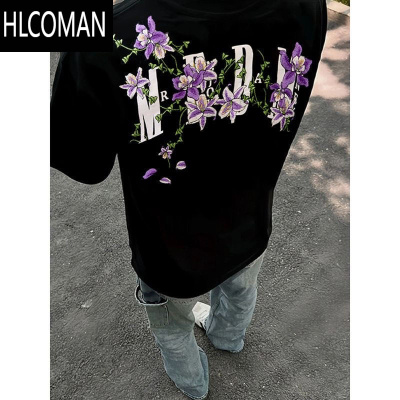 HLCOMAN美式高街黑色花卉刺绣短袖t恤男款夏季潮牌情侣款青少年上衣