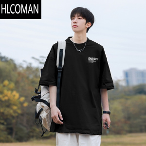 HLCOMAN黑色短袖t恤男款夏季冰丝薄款宽松字母印花上衣圆领简约体恤