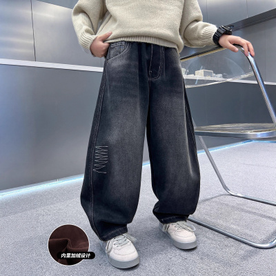 男童加绒牛仔裤新款中大儿童加厚冬季直筒裤秋冬一体绒裤子潮